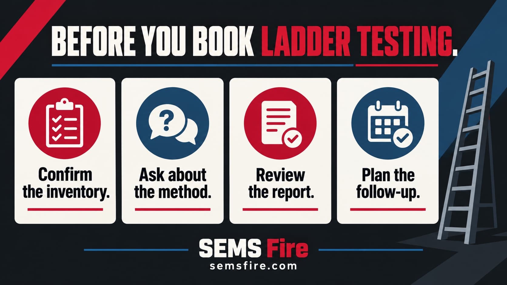 Ground ladder provider checklist: confirm inventory, ask about the method, review the report and plan follow-up.