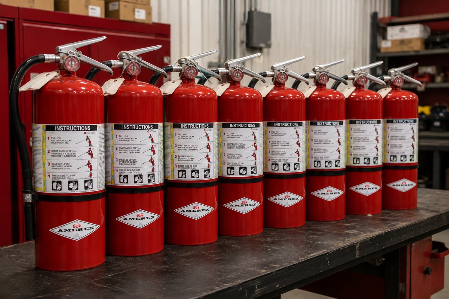 Serviced Amerex fire extinguishers tagged and lined up on the SEMS shop bench