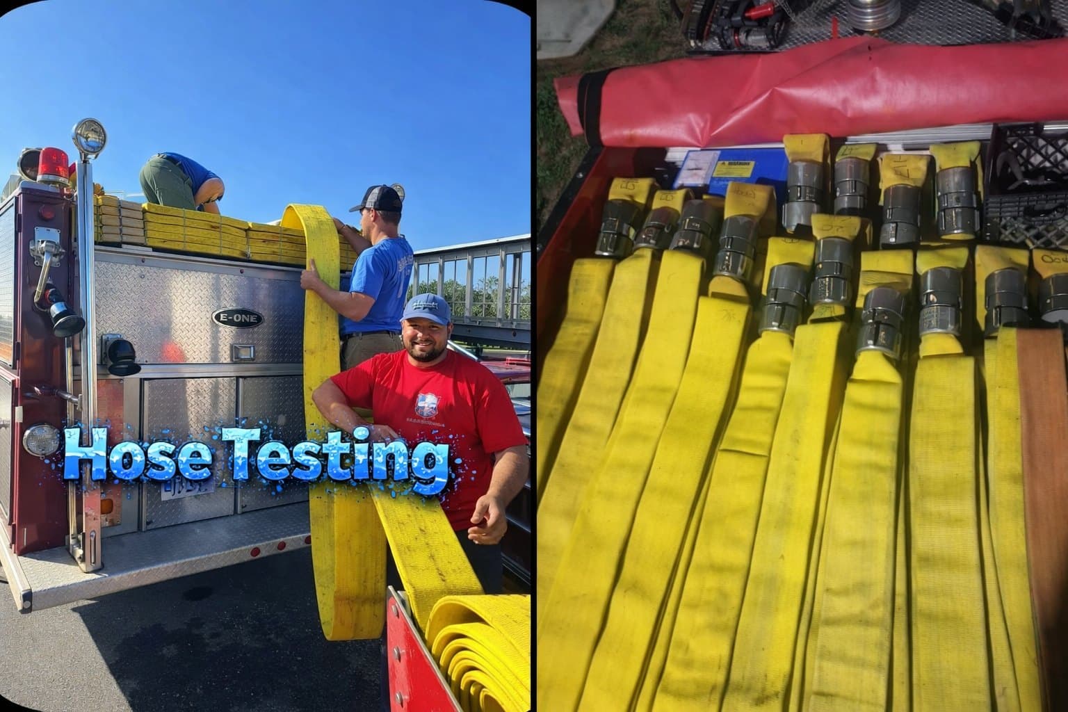 SEMS technicians unloading fire hose from the apparatus for testing, with tested hose staged and labeled